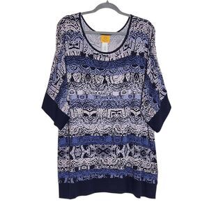 Ruby Rd. Blue Print Tunic Blouse with Beaded Neckline Size 1X